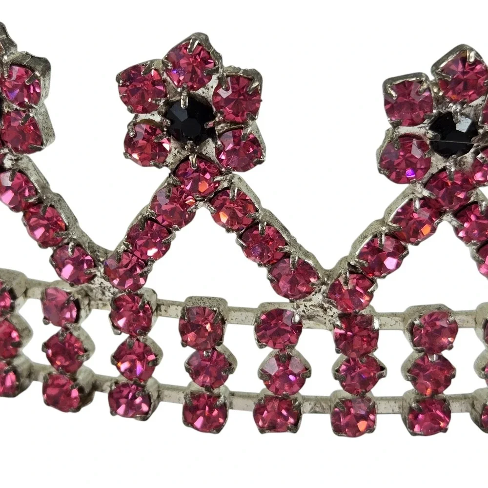 VTG Pink Black Rhinestone Crown Bridal Pageant Princess Cosplay 4 Prong Holders